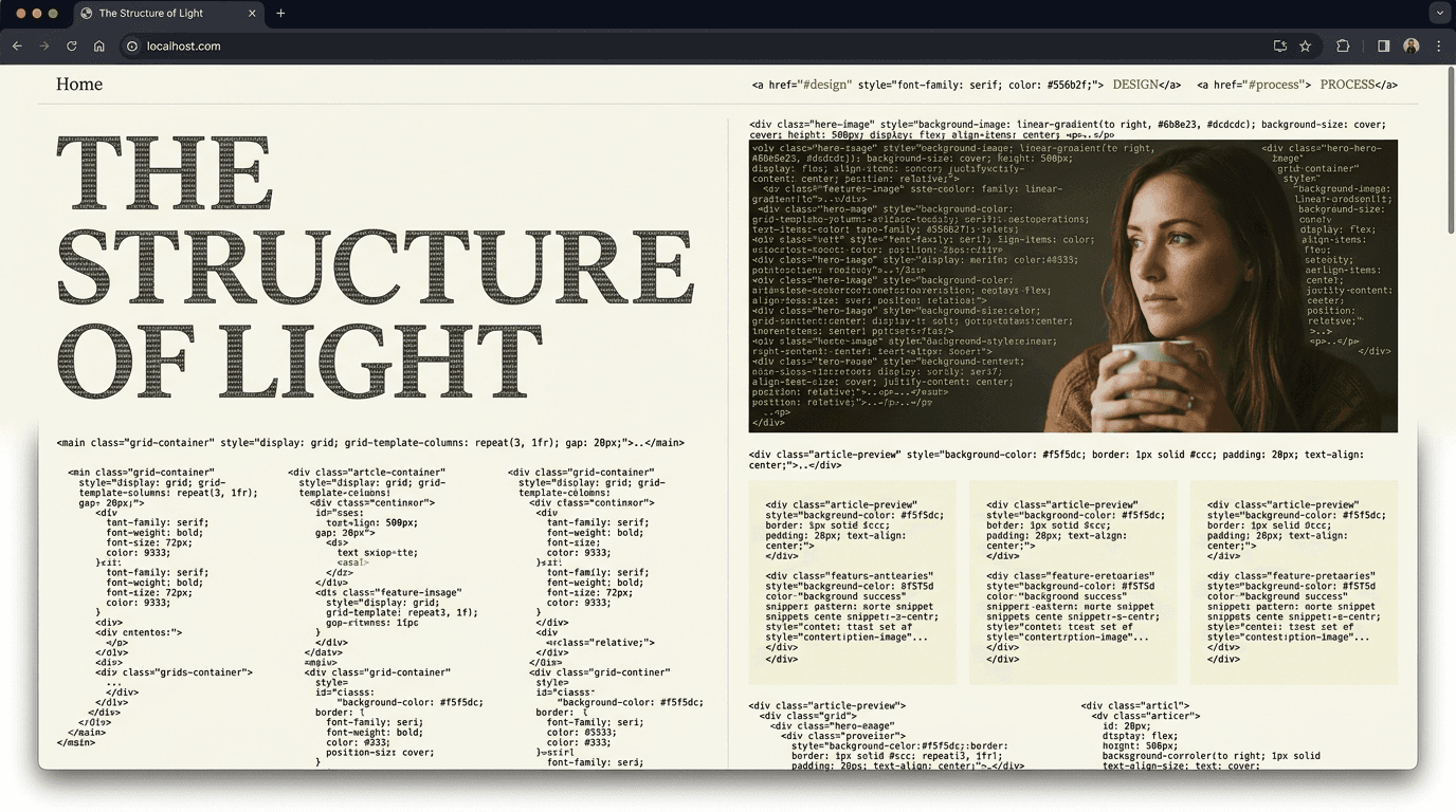 A website viewed two ways — as a visitor sees it and as raw code