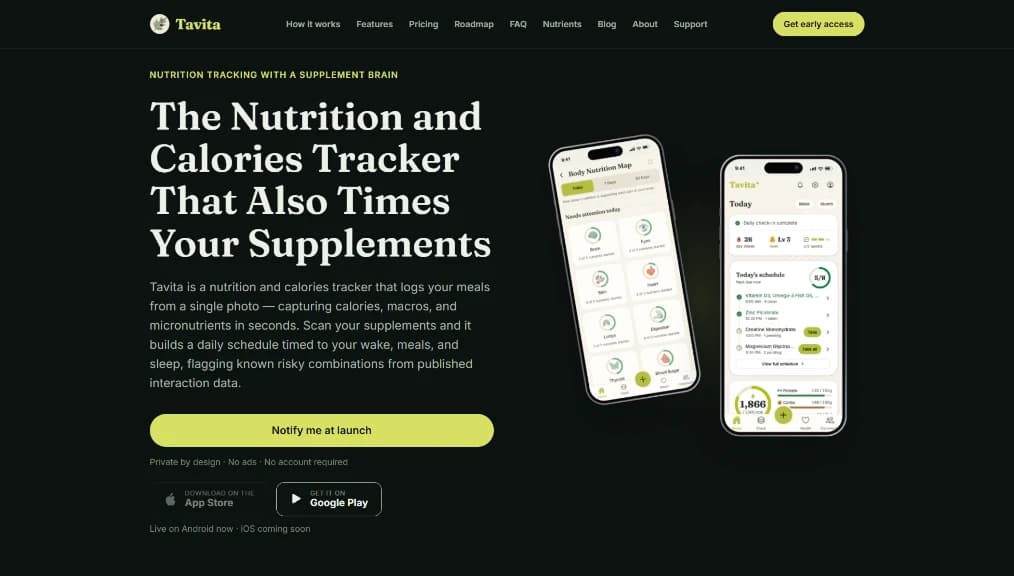 Tavita Nutrition and Supplement Tracker App interface preview